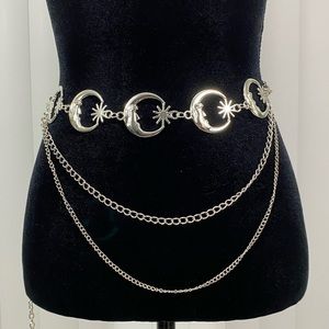 Celestial Crescent Moon Multi Layer Chain Statement Belt Metal Waist Belt Silver